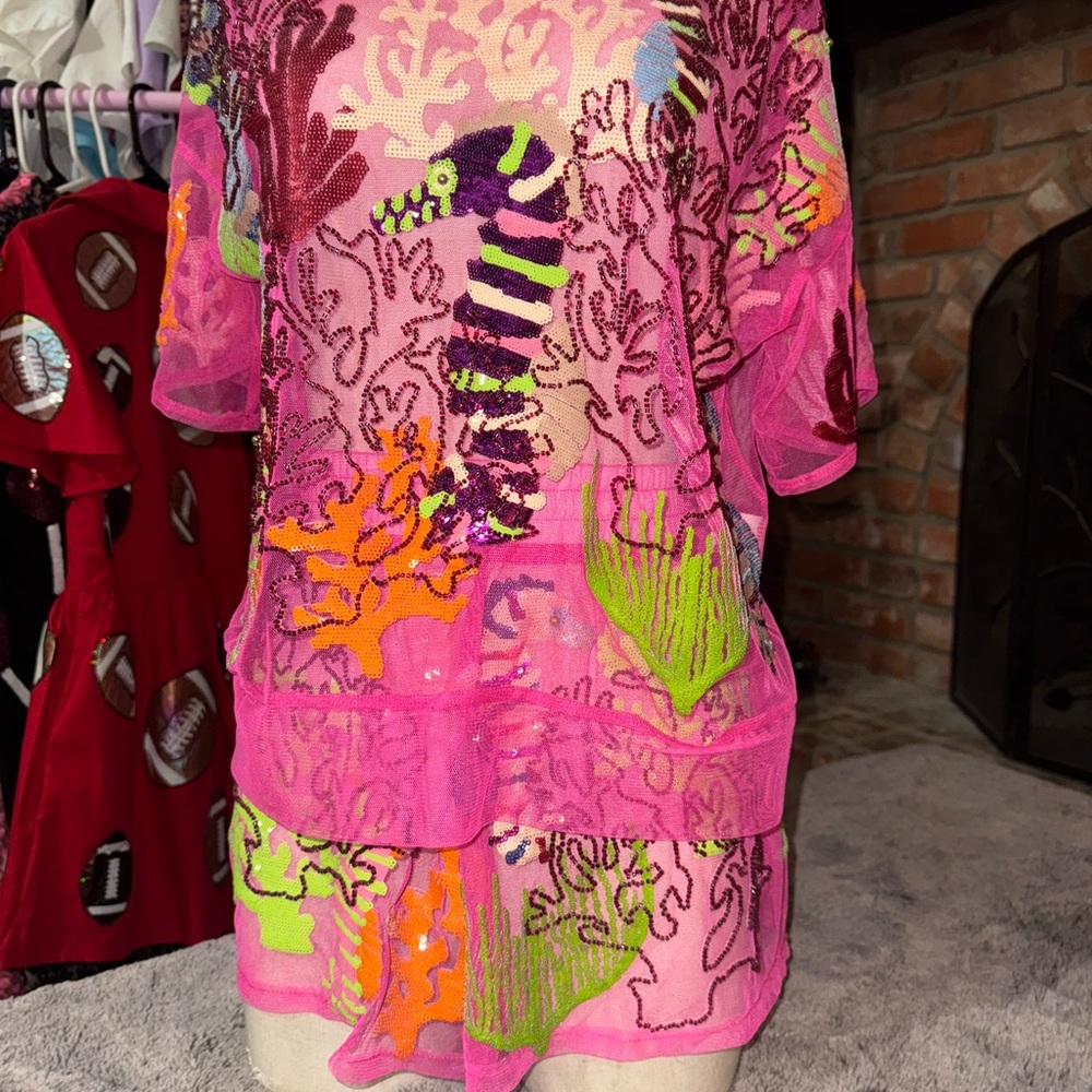 S Vibrant Pink Sheer Top and XS matching shorts with Sea Life Design